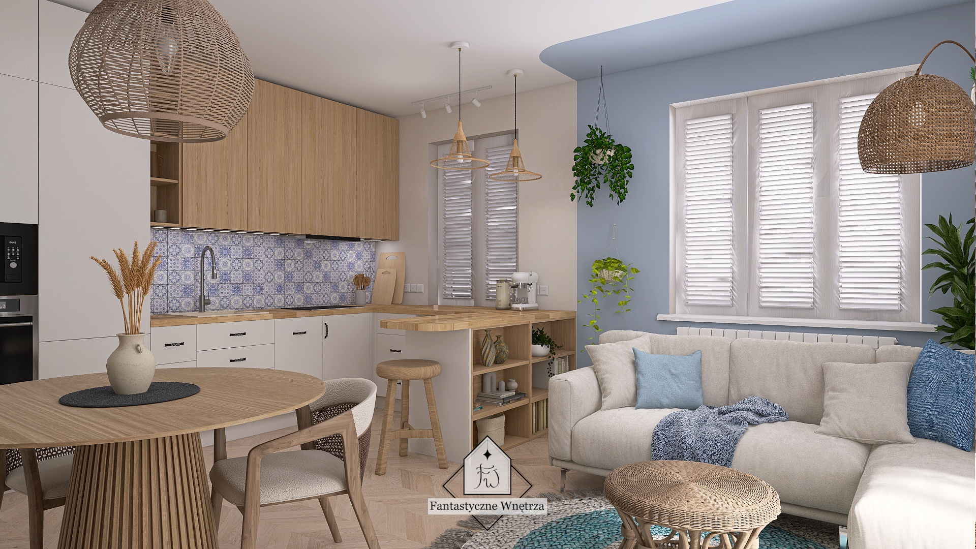Read more about the article Salon z aneksem kuchennym – styl boho z dodatkiem błękitu