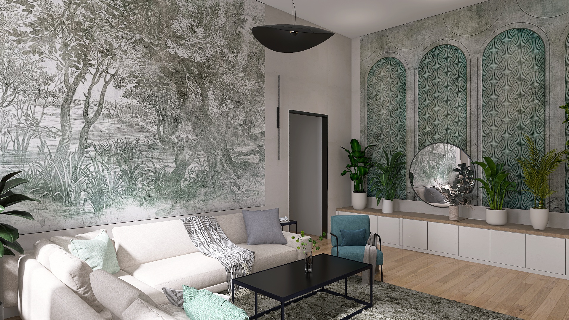 Read more about the article Zielony salon z ozdobnymi tapetami